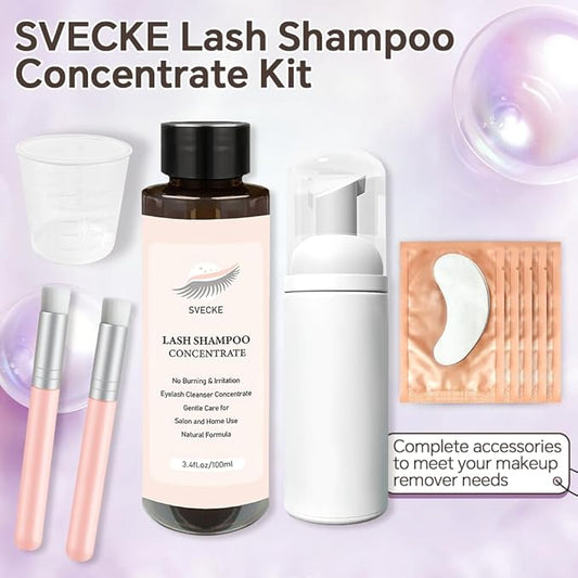 Lash Shampoo Concentrate 100ml for Lash Extension, Lash Shampoo Kit for Eyelash Cleansing, Oil-Free Eyelash Extension Cleanser Concentrate, Lash Cleaning Kit with Brush Bottle