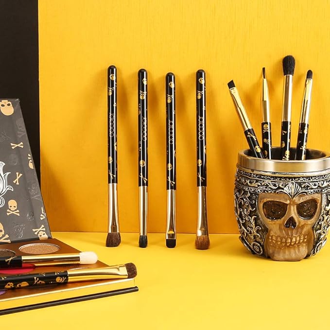 Docolor 10Pcs Eye Makeup Brushes Skull Printed Eyeshadow Makeup Brush Set and Green Eyeshadow Palette 9 Colors Gemstone Shadow Palette Highly Pigmented Mattes Shimmers Long-Lasting Makeup Palette