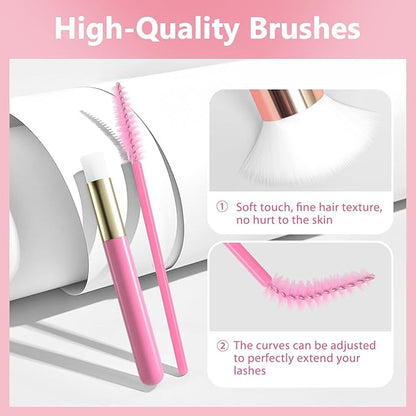 Lash Cleaning Kit - 60ML Lash Shampoo with Lash Fan Cleaning Brush Rinse Bottle and 50 Pcs Mascara Brush, Rich Foam Lash Wash for Eyelash Extension Home Use(Pink)