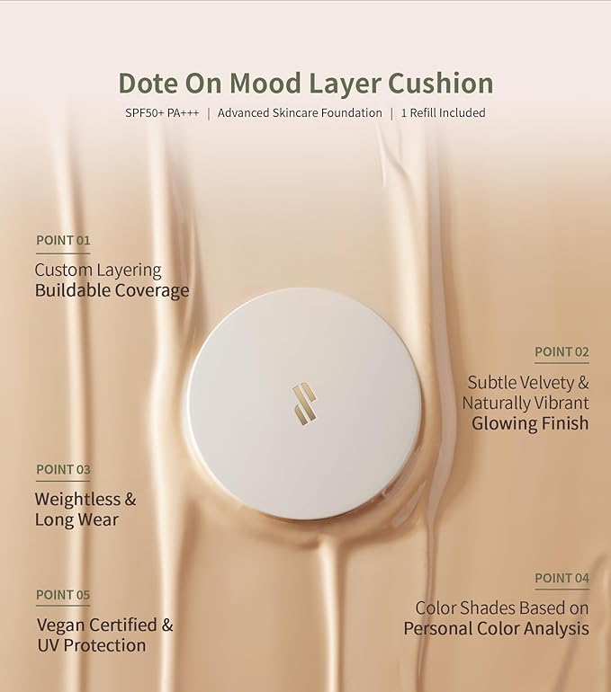Heart Percent Dote on Mood Layer Cushion SPF 50+/PA+++ with Refill, Satin Glow Silky Flawless Finish Full Coverage Advanced Skincare Foundation (#21Y)