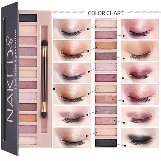 All in One Makeup Kit For Girls12 Colors Matte Shimme Eyeshadow Palette, Buff Beige Foundation Face Primer, Brush, Sponge, Eyebrow Soap Brows Gel, Winged Eyeliner Stamp (SetB)