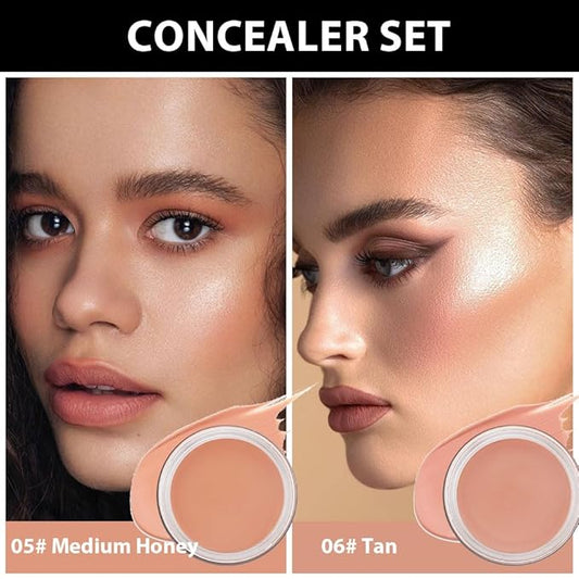 Kaely 2Pcs Pot Concealer Full Coverage Set, Under Eye Brightener Color Correcting Concealer for Dark Circles, Waterproof Foundation Face Makeup Brush Kit, Eye Ring Corrector de ojeras, 05+06