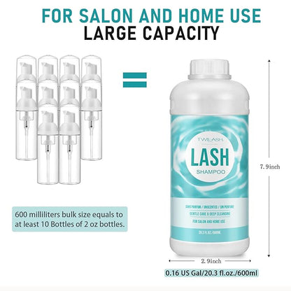 600ml Lash Shampoo Bulk, Eyelash Cleanser for Extensions, Safe Makeup Remover, Non-irritating or Burning Formula Eyelid Foaming Cleanser Best for Professional Salon and Home Use (Unscented)