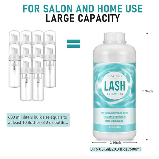 600ml Lash Shampoo Bulk, Eyelash Cleanser for Extensions, Safe Makeup Remover, Non-irritating or Burning Formula Eyelid Foaming Cleanser Best for Professional Salon and Home Use (Unscented)