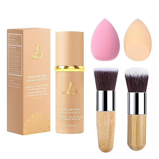 Match Foundation 4-in-1 with SPF 50 : Color Changing Foundation Medium Spectrum with 2 Brushes and 2 Cosmetics Sponge - Moisturizing & Concealer Face Makeup Foundation for All Skin Types