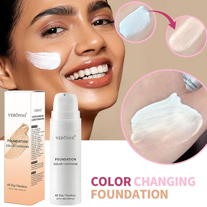 Color Changing Foundation 15ML, Liquid Makeup Colour Changing Full Coverage Flawless White Foundation with Conceale Long Lasting Moisturizing for All Skin Tones