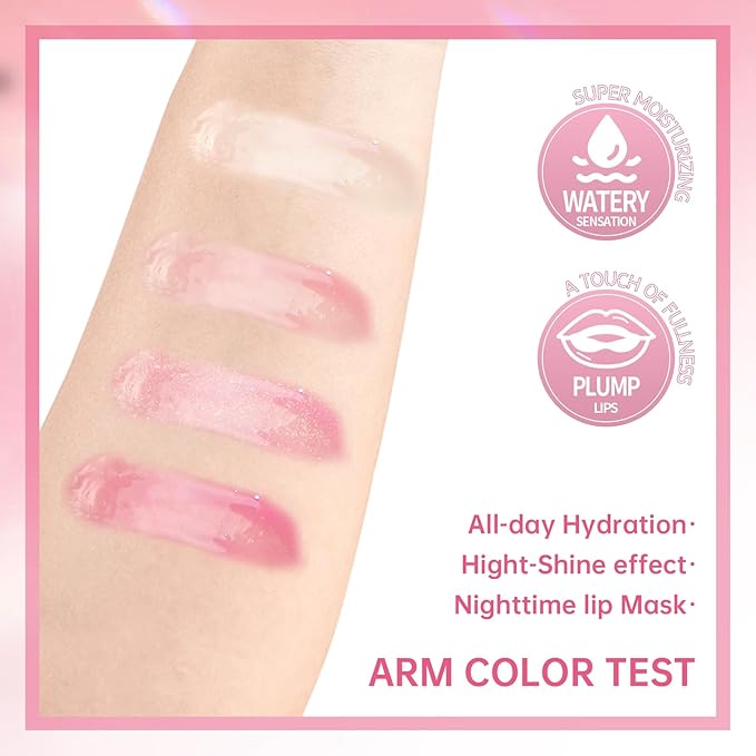 4 Colors Hydrating Lip Oil Plumping + Lip Liner Set, Shiny Glow Reviver Lip Care Oil, Moisturizing Big Brush Head Clear Pink Glitter Transparent Lip Gloss Combo Makeup Present for Women