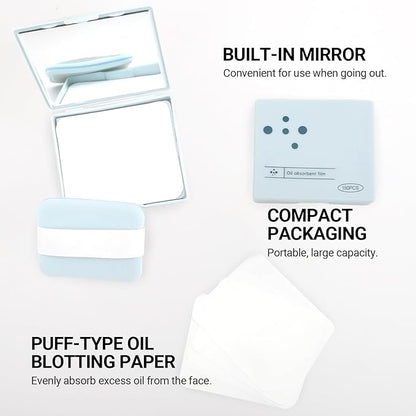 Erinde Upgrade Oil Control Film with Mirror and Puff, 150 Sheets Oil Blotting Paper for Oily Skin,Face Oil Absorbing Sheets, Absorb Excess Oil, Makeup Friendly