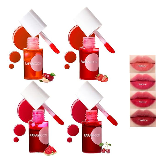 4PCS Korean Lip Gloss Set, Lip Tint Stain Set,Mini Liquid Water Tint,Moisturizing Natural,Long Lasting Waterproof,Multi-Use Lip and Cheek Tint(Apple& Strawberry& Watermelon& Cherry)