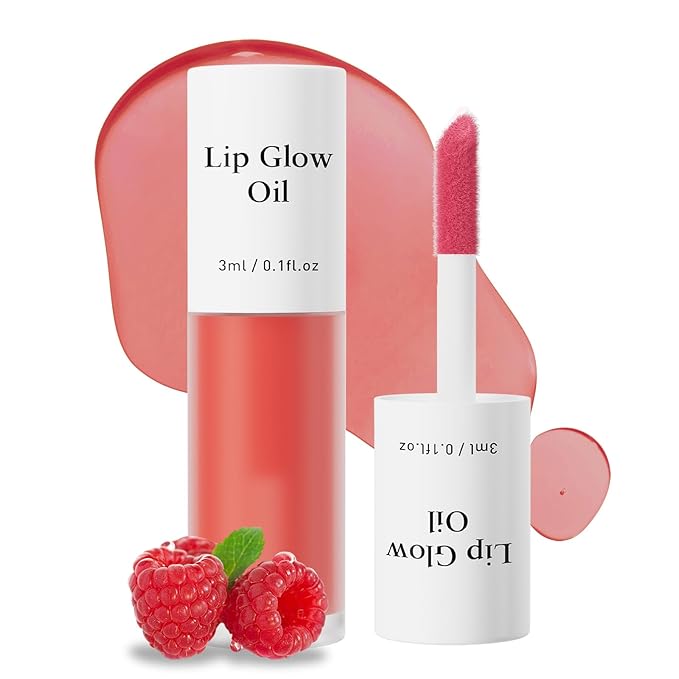 Hydrating Lip Glow Oil - Tinted Moisturizing Lip Gloss Plumping Non-Sticky Long-Lasting Shiny Fruit Flavor Lip Stain, 0.10 Fl Oz (Raspberry)