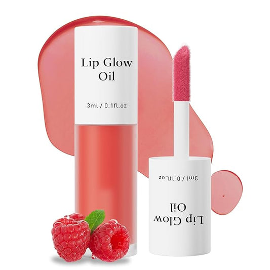 Hydrating Lip Glow Oil - Tinted Moisturizing Lip Gloss Plumping Non-Sticky Long-Lasting Shiny Fruit Flavor Lip Stain, 0.10 Fl Oz (Raspberry)