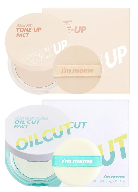 I'M MEME Fair-Light Setting Powder - Tone Up Pact with Puff, 0.35 Oz + Compact - Oil Cut Pact, 0.34 Oz Bundle