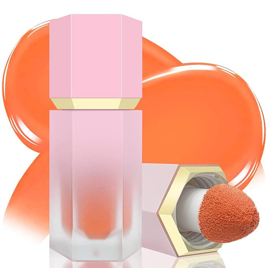 Liquid Blush for Cheeks, Soft Cream Blush with Cushion Applicator, Dewy Finish Matte Velvet Texture, High-Pigmented Blendable, Long-Wearing Rubor Makeup | #05 ENERGETIC-Coral Orange