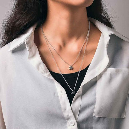 Bohemian Layered Necklace Moon Star Necklace Chain Long Pendant Necklaces Jewelry for Women and Girls (Silver)