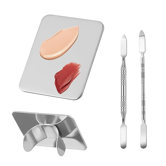 4 Pcs Makeup Mixing Palette Tray Set - Stainless Steel, Includes 2 x Mixing Spatula