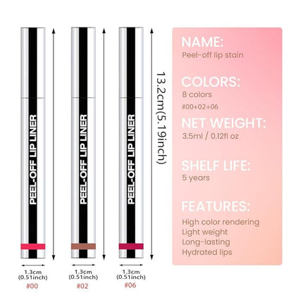 3 Pcs Matte Liquid Lip Stain Peel Off Lip Liner, Long Lasting Lip Tattoo, Waterproof & Transfer-Proof Lip Liner Peel Off Lip Gloss for All Skin Types.#00+#02#06