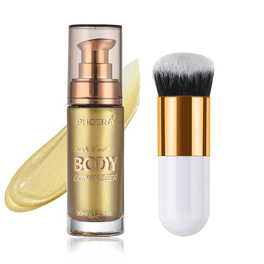 Shimmer Oil, Waterproof Long Lasting Moisturizing Bronze Body Luminizer Glow for Face & Body, Liquid Illuminator Highlighter 1oz/Jars, Makeup Brush Included (Metallic Gold #02)