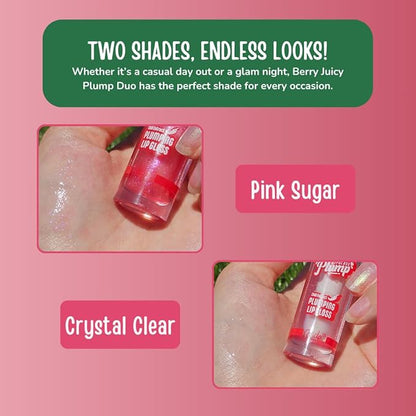 RUDE Cosmetics Berry Plump Lip Plumper Set, Plumping Lip Gloss for Women, Hydrating Cute Lipgloss Plump with Hyaluronic Acid, Shea Butter, Vitamin E & Chili Extract, Vegan, Pink Sugar & Clear