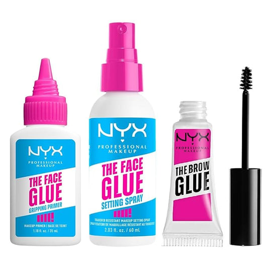 NYX PROFESSIONAL MAKEUP Bundle of The Brow Glue, Extreme Hold Clear Eyebrow Gel + The Face Glue Setting Spray + The Face Glue Gripping Primer