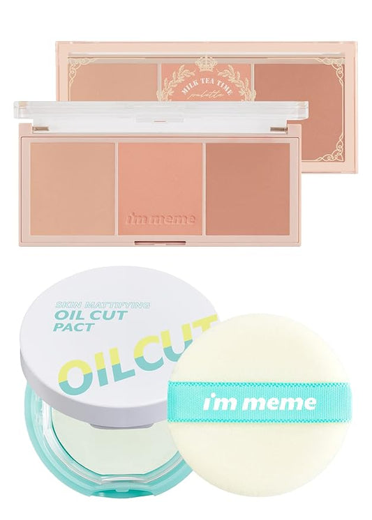 I'm Meme Compact - Oil Cut Pact 0.34 Oz + Palette - Afternoon Tea Blusher | 3 Shades Milk Tea Time, 0.42 Oz Bundle