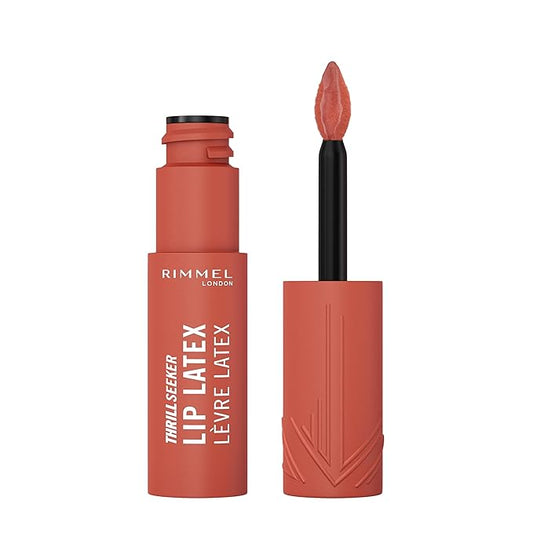 Rimmel Thrill Seeker Lip Latex, 200 So Peachy, Liquid Lipstick, Lipgloss, Lip Colour, Hyaluronic Lipstick, Lip Stain, Smooth Shine, Hydration, Hyaluronic Acid, Vitamin E, Aloe Vera, 0.2oz