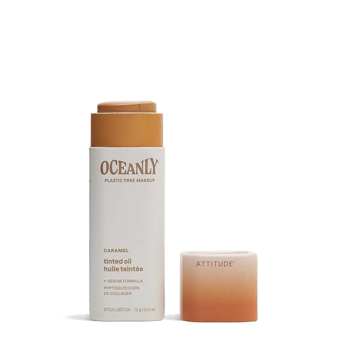 ATTITUDE Oceanly Light Coverage Face Tinted Oil Stick, EWG Verified, Titanium Dioxide-Free, Vegan & Cruelty-Free Tinted Moisturizer, Plastic-Free, Caramel, 0.42 Ounces
