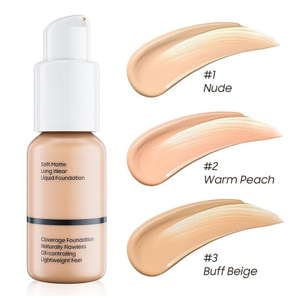 Matte Liquid Foundation Full Coverage - Flawless & Lightweight Matte Oil Control Cream Foundation Makeup Create Flawless Face Makeup for All Skin Types (2 Pack #102 Nude)