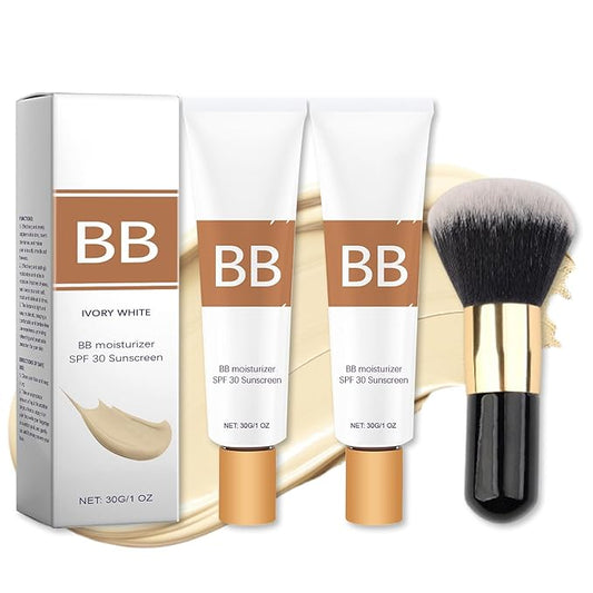 BB Blur Tinted Moisturizer, BB Moisturizer Spf 30, BB Tinted Primer with Brush, Full Coverage Light-Medium Skin Color Hydrating & Smoothing (Ivory)