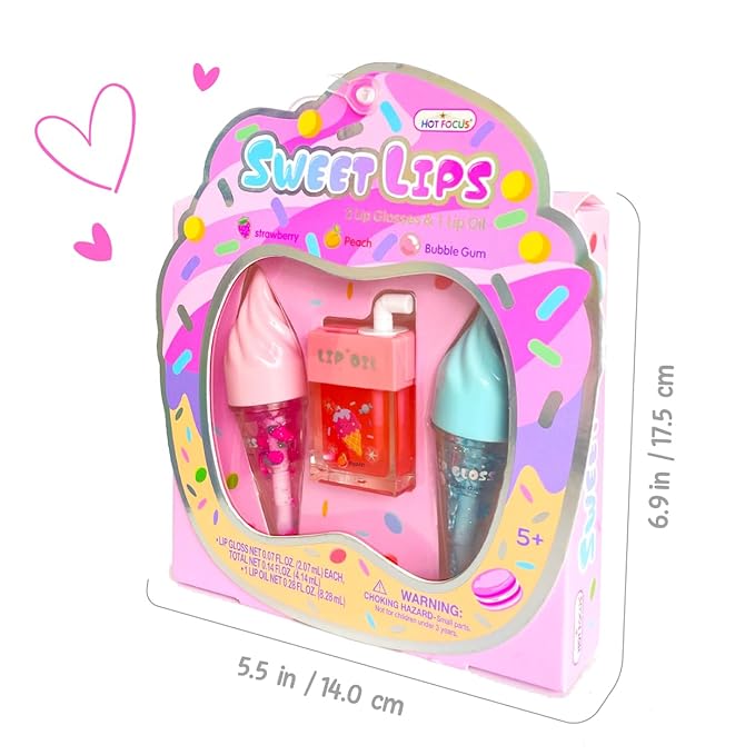 Hot Focus | Strawberry and Buble Gum Ice Cream Flavored Lip Gloss Set – Assorted Lip Gloss Flavors, Non-Toxic Makeup for Kids & Teens (Sweet)