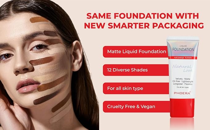 Phoera Foundation Full Coverage Makeup Set - 24hr Long Lasting Oil Control - Same Foundation Smarter Packaging - Inc x2 30ml Foundation (102 Nude)