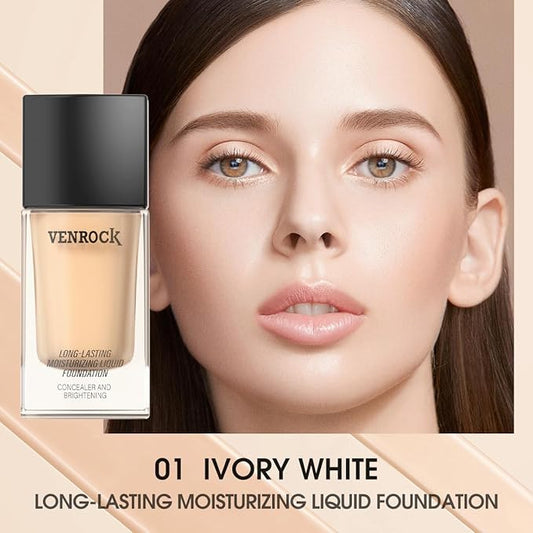 Long-Lasting Moisturizing Liquid Foundation, Waterproof, Concealer with Brightening Effect (01# Ivory White, 30ml)