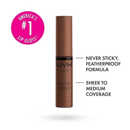 NYX PROFESSIONAL MAKEUP Butter Gloss Brown Sugar, Non-Sticky Lip Gloss - Fudge Me (Warm Brown) (Pack of 2)