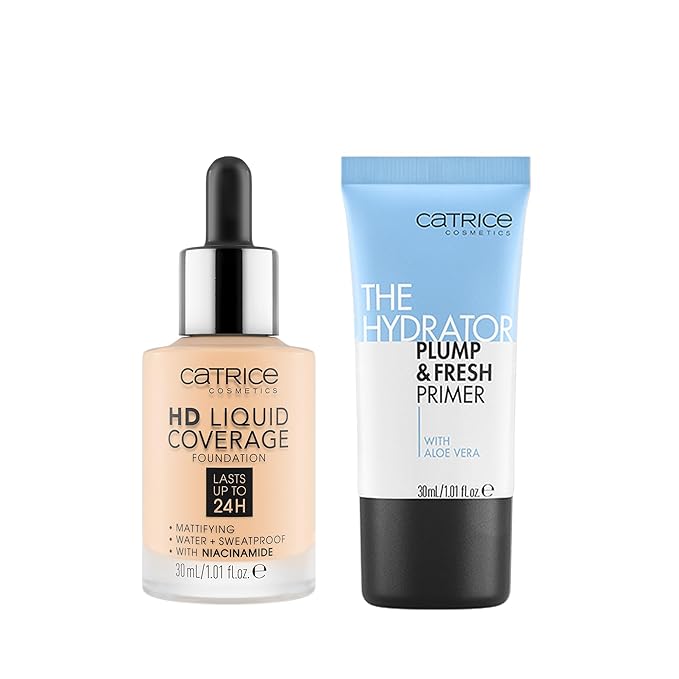 Catrice | HD Foundation 02 & The Hydrator Plump & Fresh Primer Bundle | Full Coverage Makeup | Vegan & Cruelty Free