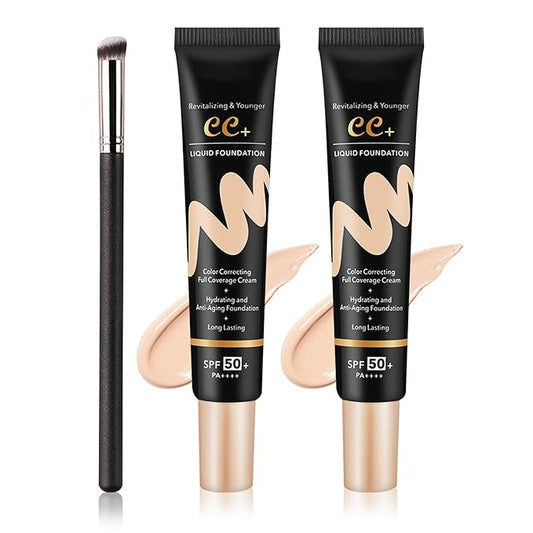 2PCS Full Coverage Concealer Foundation Set,Moisturizing BB Cream,Long Lasting Hydrating Lightweight CC Cream with Makeup Brush,Oil Control Face Moisturizer SPF 50 PA++++ Sunscreen（D）