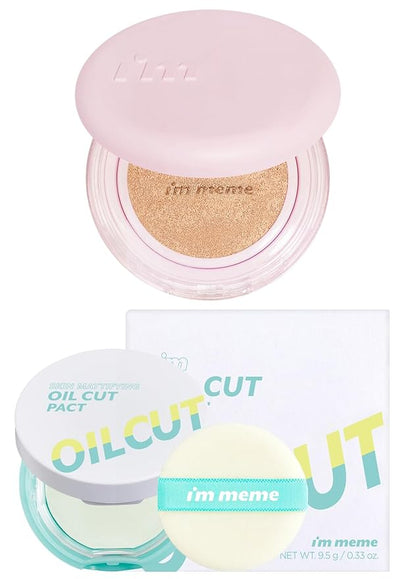 I'M MEME Wonder Velvet Cushion Foundation 02 Beige + Compact - Oil Cut Pact, 0.34 Oz Bundle