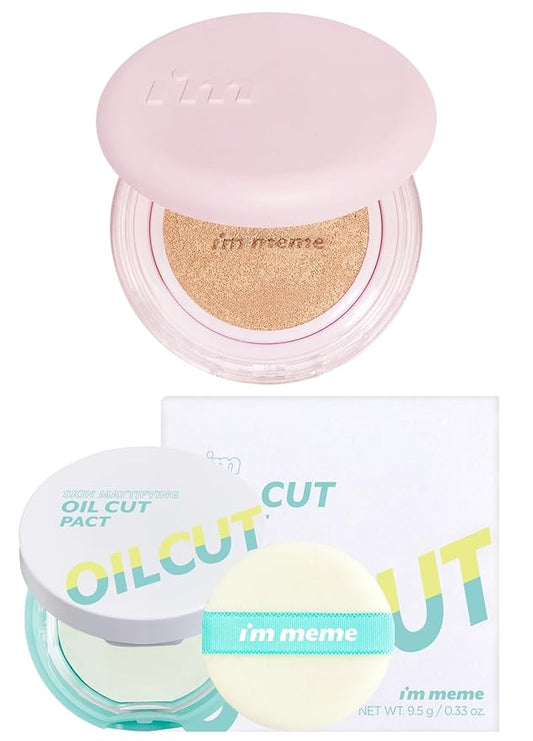 I'M MEME Wonder Velvet Cushion Foundation 02 Beige + Compact - Oil Cut Pact, 0.34 Oz Bundle