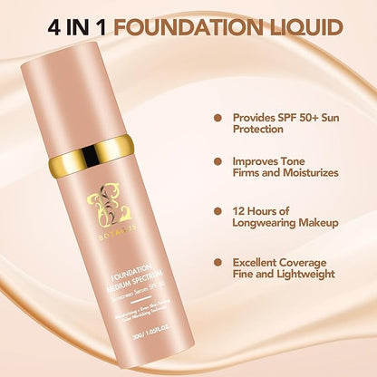 Match Cosmetics Foundation 4 in 1-Medium Spectrum,4 in 1 Cosmetics Foundation Liquid with SPF 50+, Concealer Cosmetic Lightweight Makeup, Longwearing & Waterproof for Makeup（2 Pack）