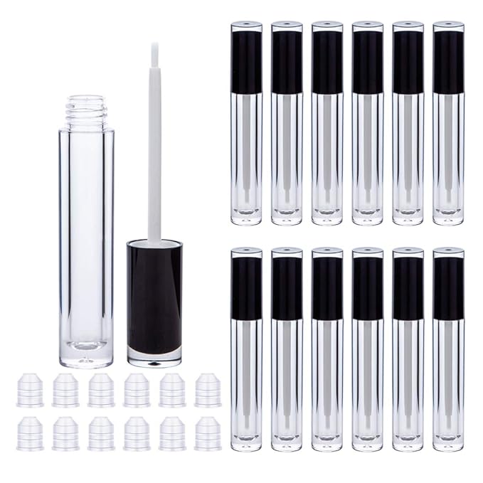 Lip Gloss Brush Wand Tubes Empty, 12 Pack 5ml Lip Gloss Containers with Wand, 12 Black Lip Gloss Tubes with Rubber Stoppers for DIY Lip Gloss Balm (Black)