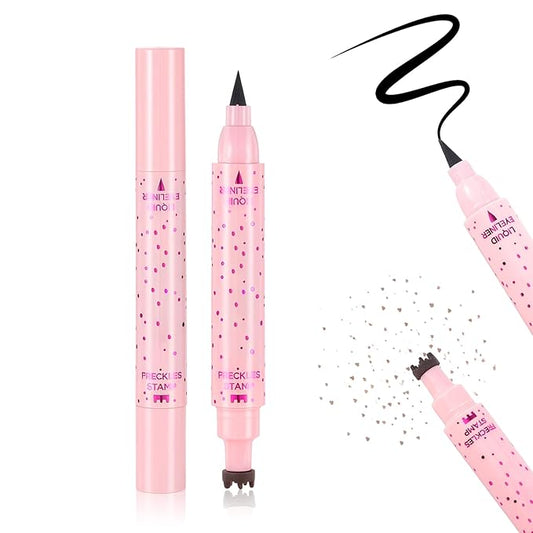 DAGEDA Eyeliner Freckle Pen, 2 in 1 Light Brown Freckle Stamp and Black Liquid Eyeliner, Waterproof, Natural Lifelike Freckles Makeup, Soft Sopt Pen Magic Fake Freckles