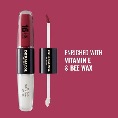 Dermacol NEW 16-Hour Lip Colour, Highly Pigmented Glossy Lip Stain, Two-Phase Lip Plumper Gloss, Kissproof Lip Makeup Products with Matte and Glitter Finish, n.6