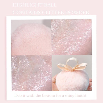 Highlighter Makeup Powder,Body Glitter Face Highlighter Peach Shimmer Powder Ball Puff,Multi-Use Face Highlighter Diamond Shimmer Makeup Powder Puff Patting Glitter Contour and Highlighter