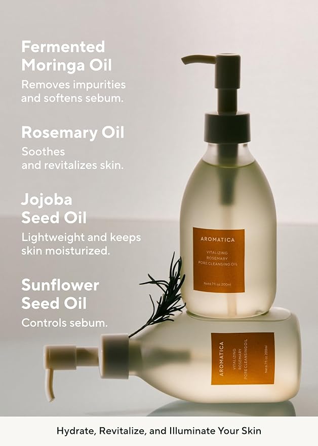 AROMATICA Vitalizing Rosemary Pore Cleansing Oil 6.7 fl oz./200ml – Double Cleanser & Makeup Remover, Oil-Based for Gentle Sebum Control, With Fermented Moringa & Essential Oils