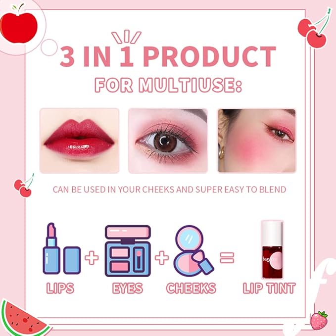 2 Colors Lip Stain Tint Set,Liquid Lipstick Mini Velvet Lip Tint Hydrating Lip Stain Moisturizing Long Wear Lip Gloss Makeup (2#Strawberry+4#Cherry)