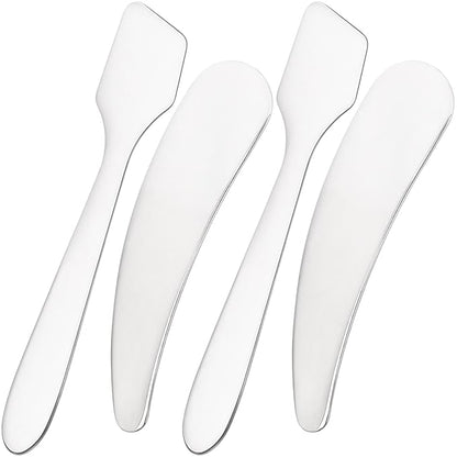 4pcs Mini Metal Makeup Spatula, Reusable Cosmetic Cream Spatulas Spoon, Skincare Scoop Applicator Facial Massage Beauty Tools for Mixing and Sampling Face Eye Cream- Silver