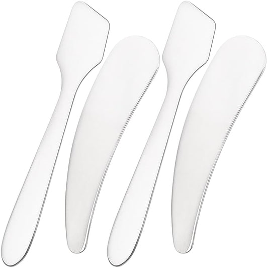 4pcs Mini Metal Makeup Spatula, Reusable Cosmetic Cream Spatulas Spoon, Skincare Scoop Applicator Facial Massage Beauty Tools for Mixing and Sampling Face Eye Cream- Silver