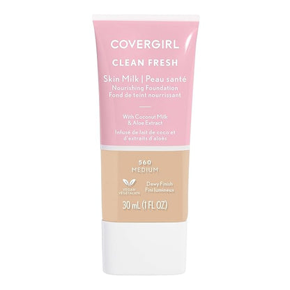 COVERGIRL Clean Fresh Nourishing Skin Tint, 560 Medium, Liquid Foundation, Dewy Finish, Infused with Coconut & Aloe, Vegan Formula