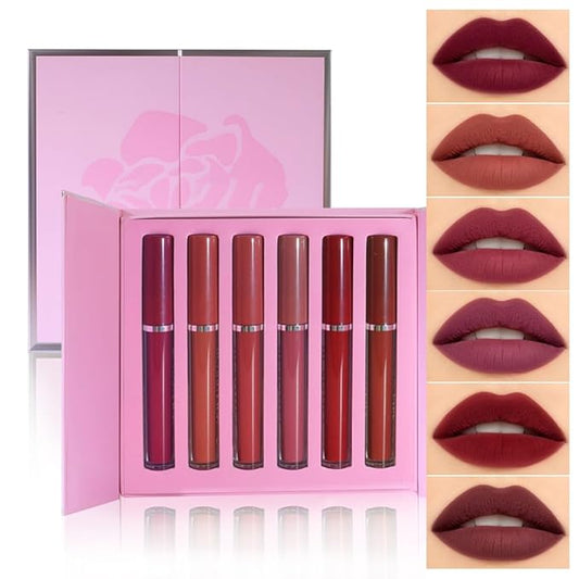 6Pcs Matte Velvet Liquid Lipstick Set, Non Stick Cup Wine Orange Red Mauve Ruby Dark Red Colored Lipstick Lip Stick Gloss Set High-pigmented Long Lasting Waterproof Lip Makeup Stain (Set A)