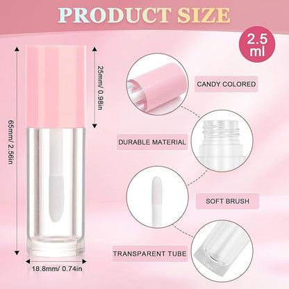 50pcs 2.5ml Empty Lip Gloss Containers Lip Gloss Tubes with Wand Cute 0.08oz Clear Refillable Lipgloss Making Supplies Kit for DIY Makeup + 2pcs Syringes (Pink)