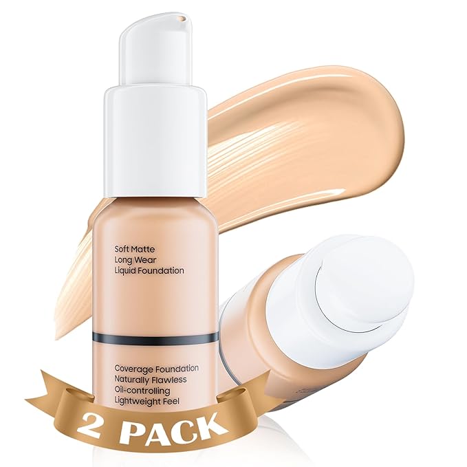 Matte Full Coverage Liquid Foundation - Lightweight & Flawless Oil Control Foundation Makeup, Waterproof and Long-Lasting Skin Foundation Concealer for Dry and Oily Skin, 1 Fl Oz (2 Pack #102 Nude)