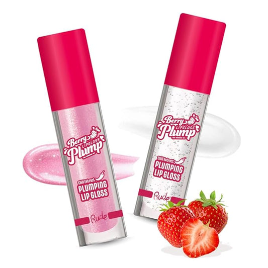 RUDE Cosmetics Berry Plump Lip Plumper Set, Plumping Lip Gloss for Women, Hydrating Cute Lipgloss Plump with Hyaluronic Acid, Shea Butter, Vitamin E & Chili Extract, Vegan, Pink Sugar & Clear